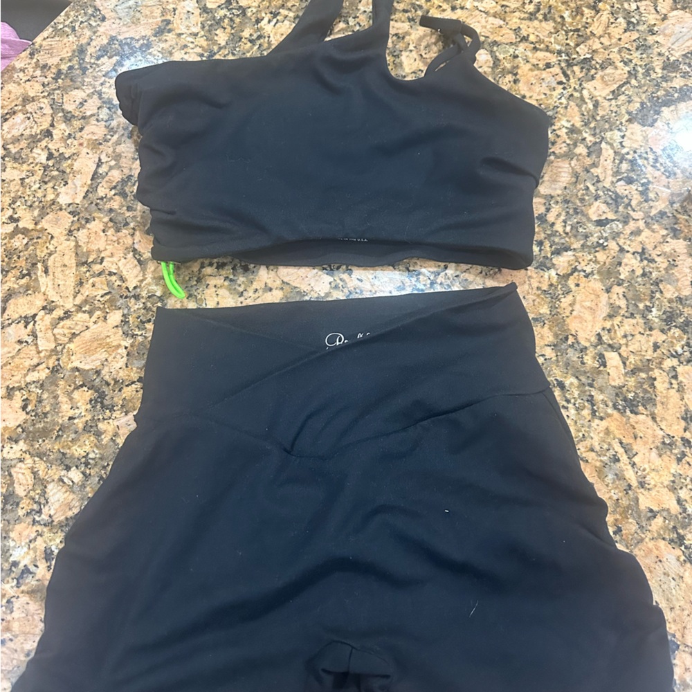 Bombshell shorts set with scrunch butt and one shoulder sports bra